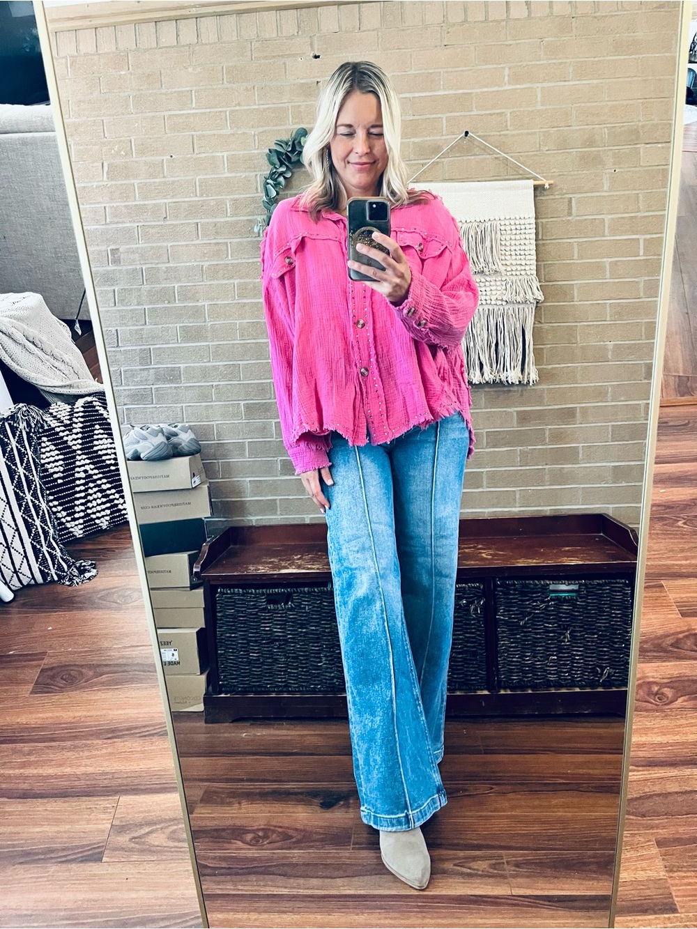 Peach Love California Hot Pink Studded Button-Down Shirt